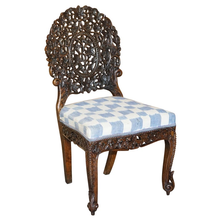 Lovely Hardwood Hand Carved Anglo Indian Burmese Chair with Floral Detailing For Sale