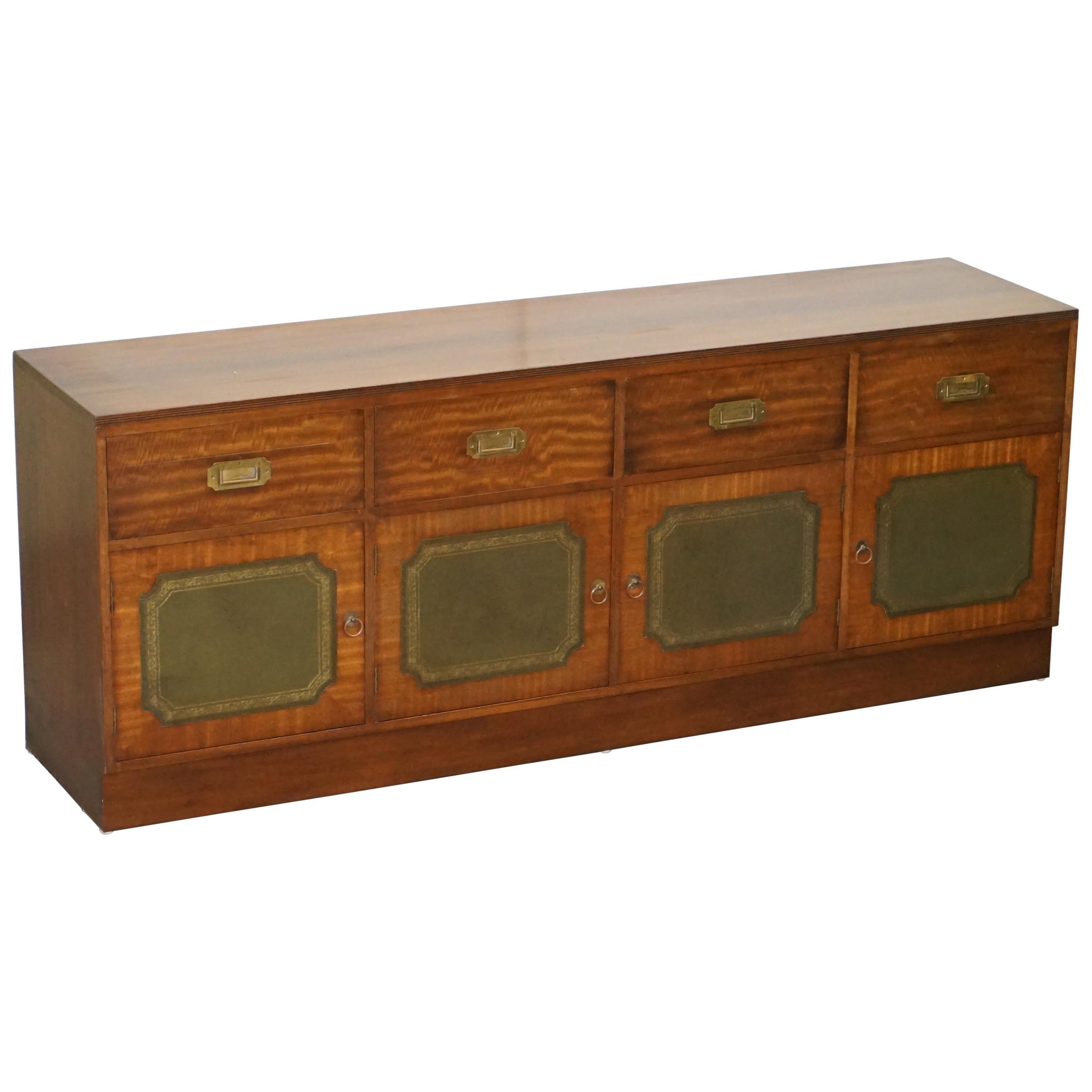 Lovely Harrods Flamed Hardwood and Green Leather Military Campaign Sideboard For Sale