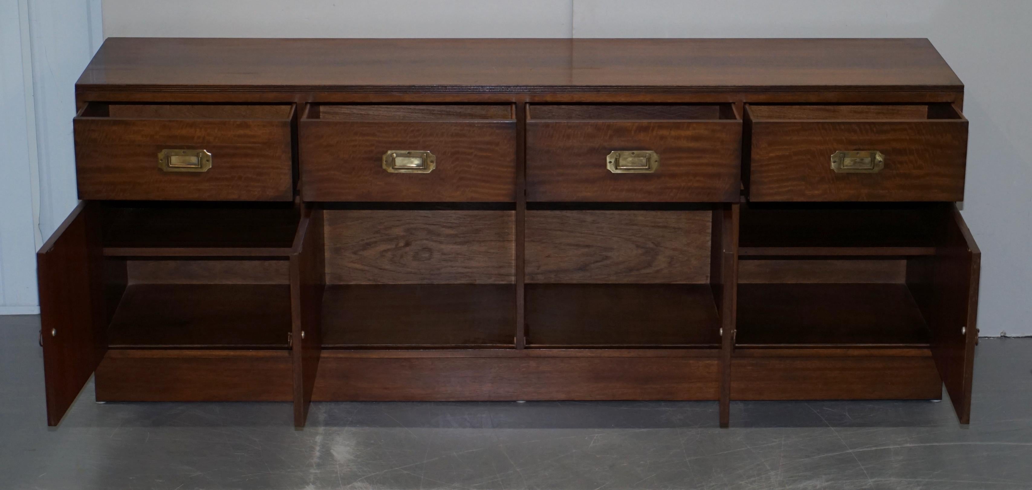 Lovely Harrods Flamed Hardwood and Green Leather Military Campaign Sideboard For Sale 9