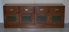 Lovely Harrods Flamed Hardwood and Green Leather Military Campaign Sideboard