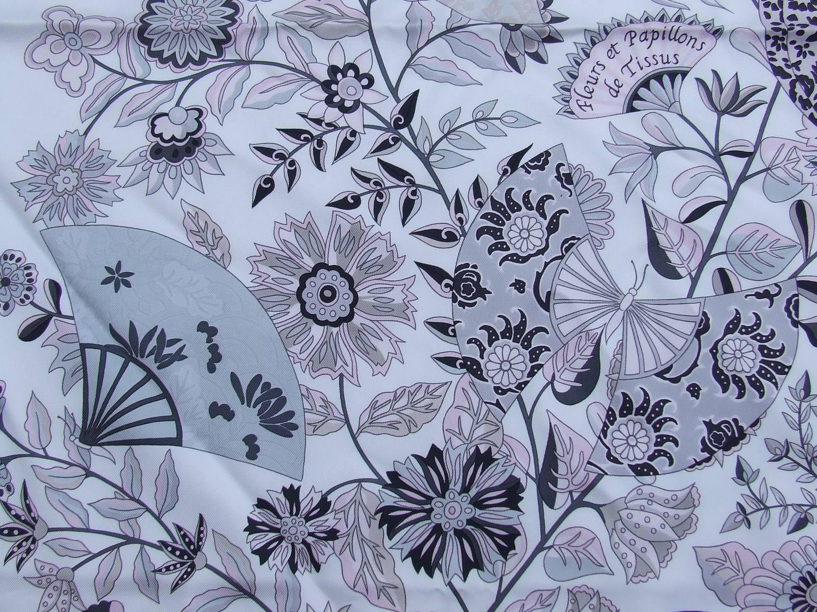 Lovely Hermès Silk Scarf Fleurs et Papillons de Tissus C. Henry White 35' For Sale 2
