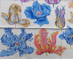 Lovely Hermès Silk Scarf Tulipomanie Tulips Flowers Print Argent 90 cm
