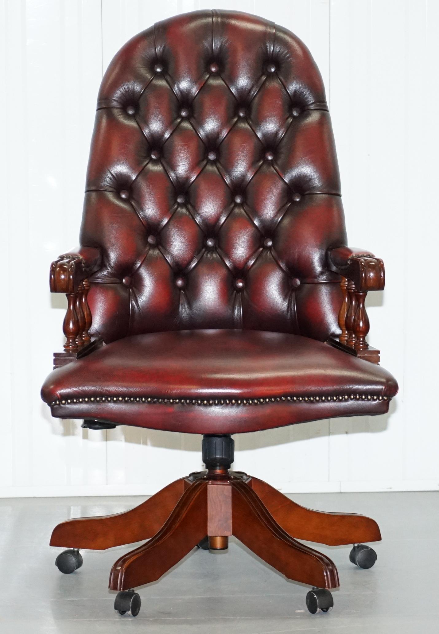 We are delighted to offer for sale this lovely high back Chesterfield directors oxblood leather captains office chair

The chair is in good used condition throughout, we have deep cleaned hand condition waxed and hand polished it from top to