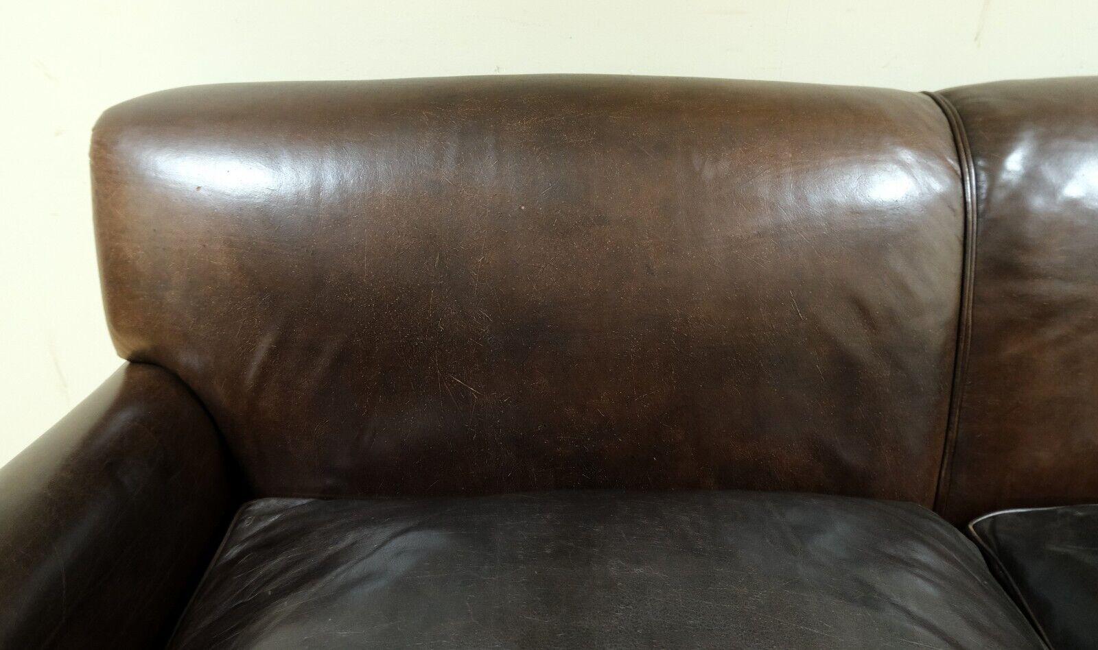 LOVELY HOWARD STYLE BROWN THREE SEATER LEATHER SOFA REVERSIBLE CUSHIONs 3