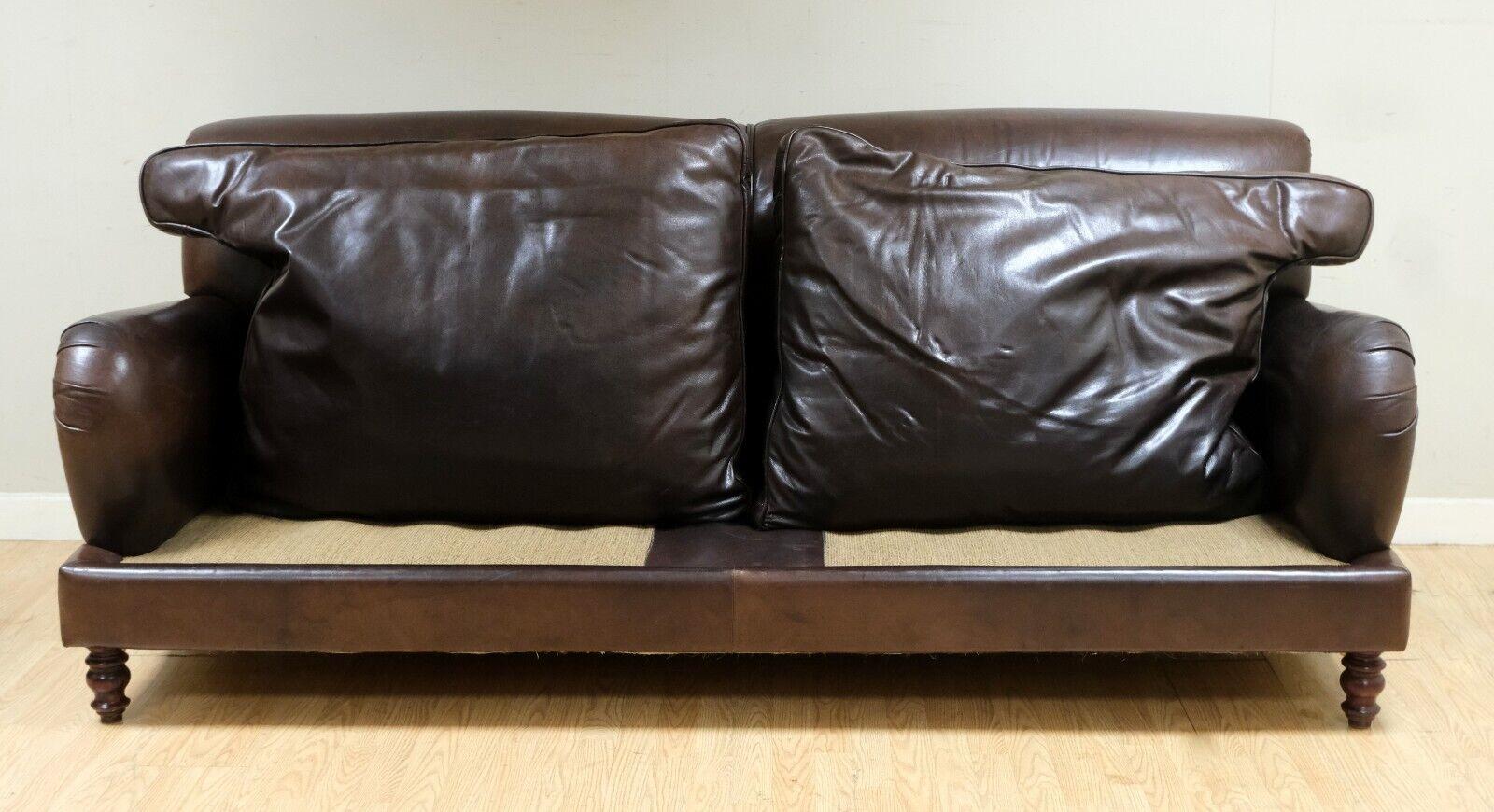 LOVELY HOWARD STYLE BROWN THREE SEATER LEATHER SOFA REVERSIBLE CUSHIONs 4