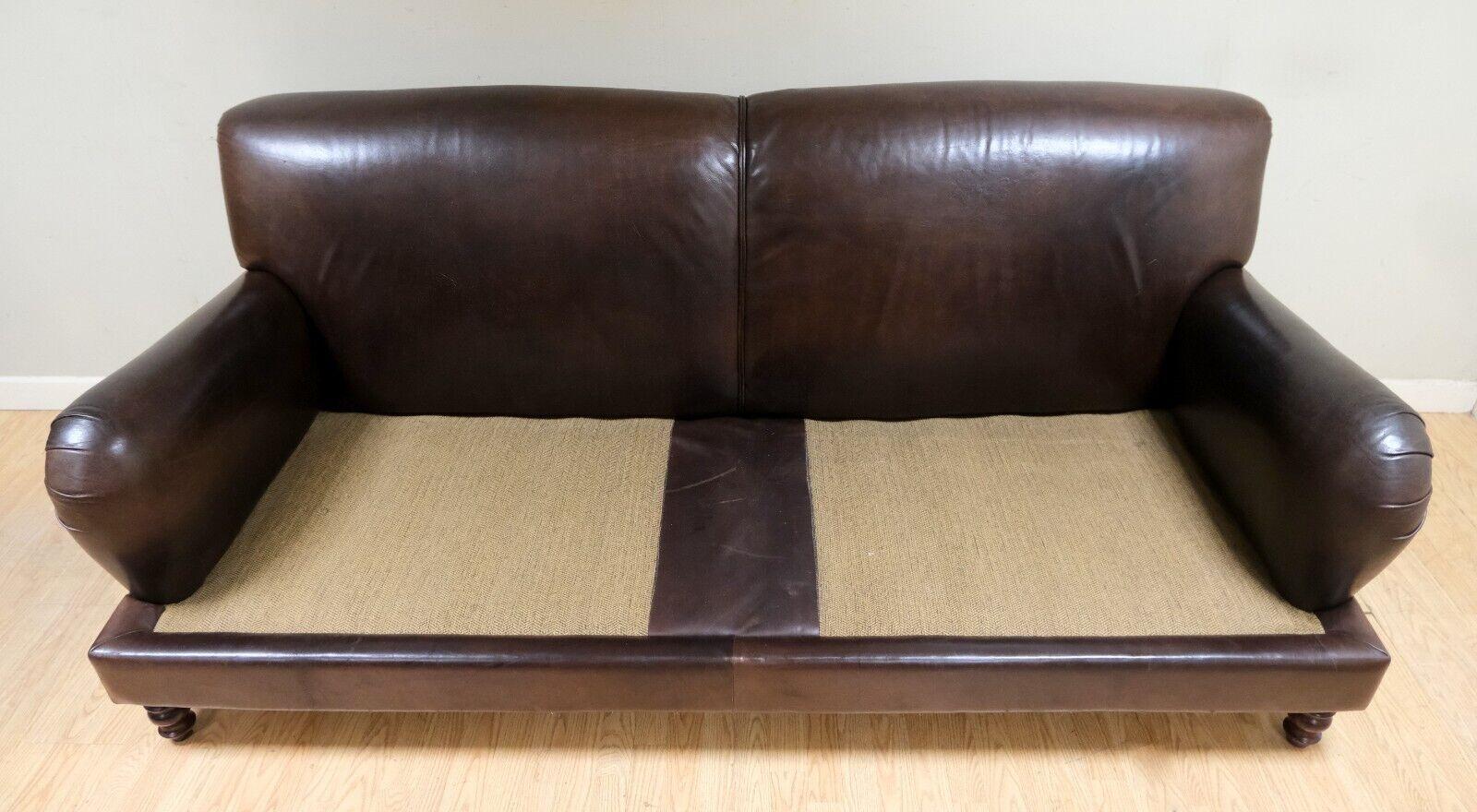 LOVELY HOWARD STYLE BROWN THREE SEATER LEATHER SOFA REVERSIBLE CUSHIONs 6