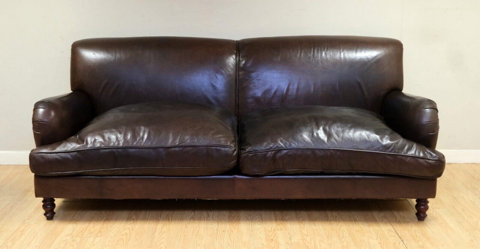LOVELY HOWARD STYLE BROWN THREE SEATER LEATHER SOFA REVERSIBLE CUSHIONs 7
