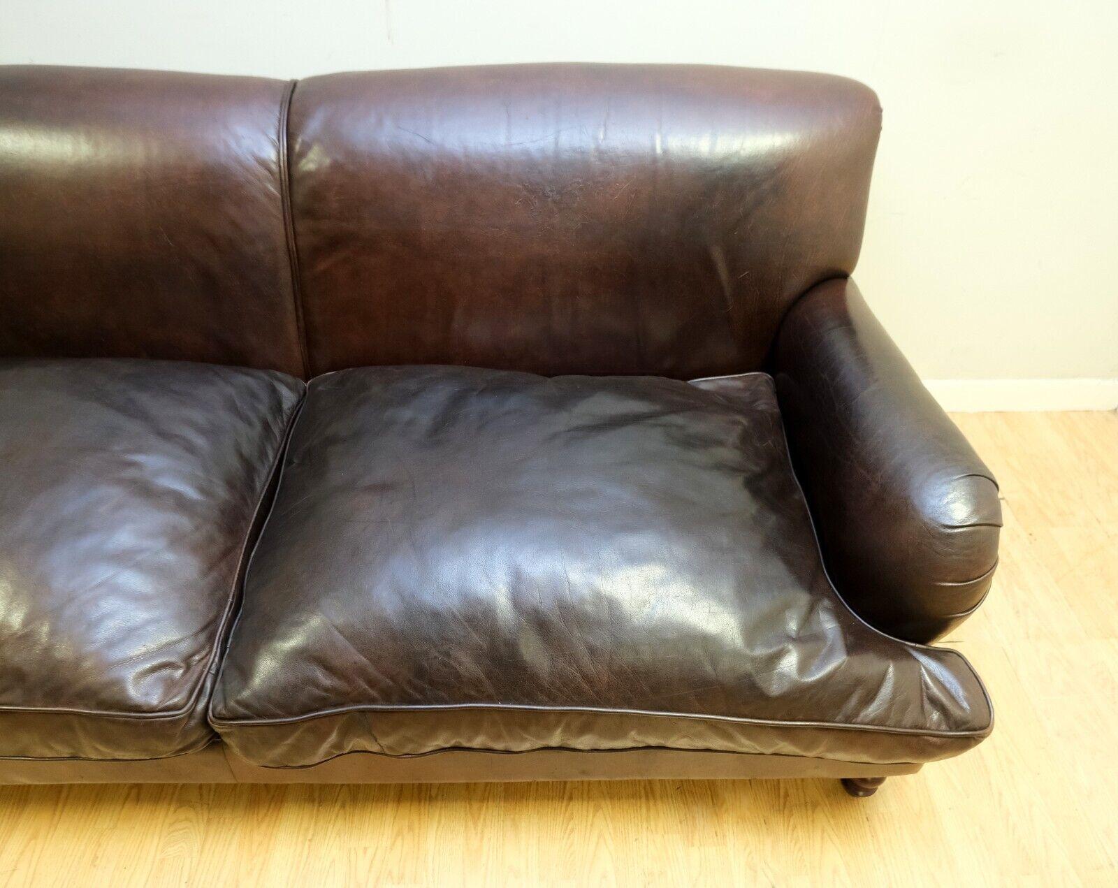 English LOVELY HOWARD STYLE BROWN THREE SEATER LEATHER SOFA REVERSIBLE CUSHIONs