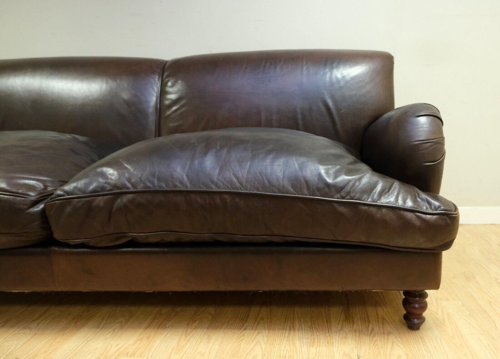 LOVELY HOWARD STYLE BROWN THREE SEATER LEATHER SOFA REVERSIBLE CUSHIONS 1