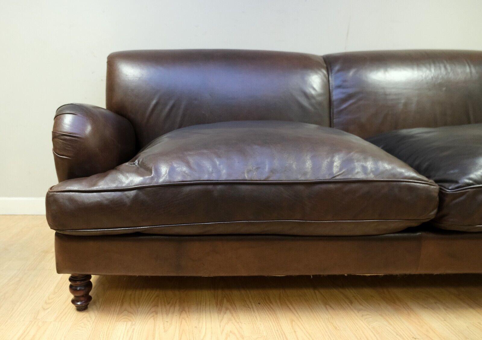 LOVELY HOWARD STYLE BROWN THREE SEATER LEATHER SOFA REVERSIBLE CUSHIONS 2