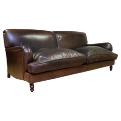 LOVELY HOWARD STYLE BROWN THREE SEATER LEATHER SOFA REVERSIBLE CUSHIONs
