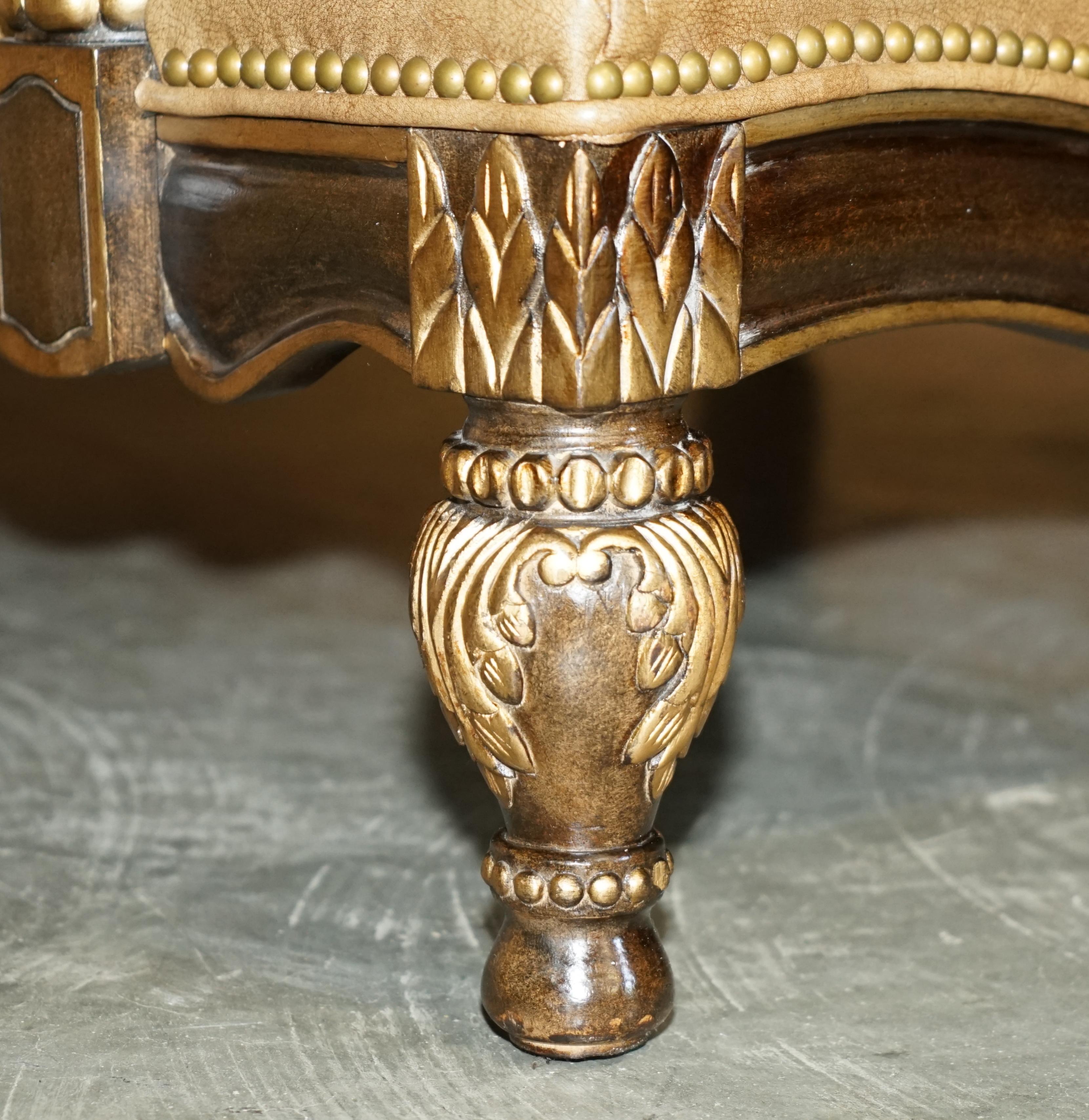 Lovely Huge Vintage Italian Brown Leather Giltwood Throne Armchair & Footstool For Sale 6