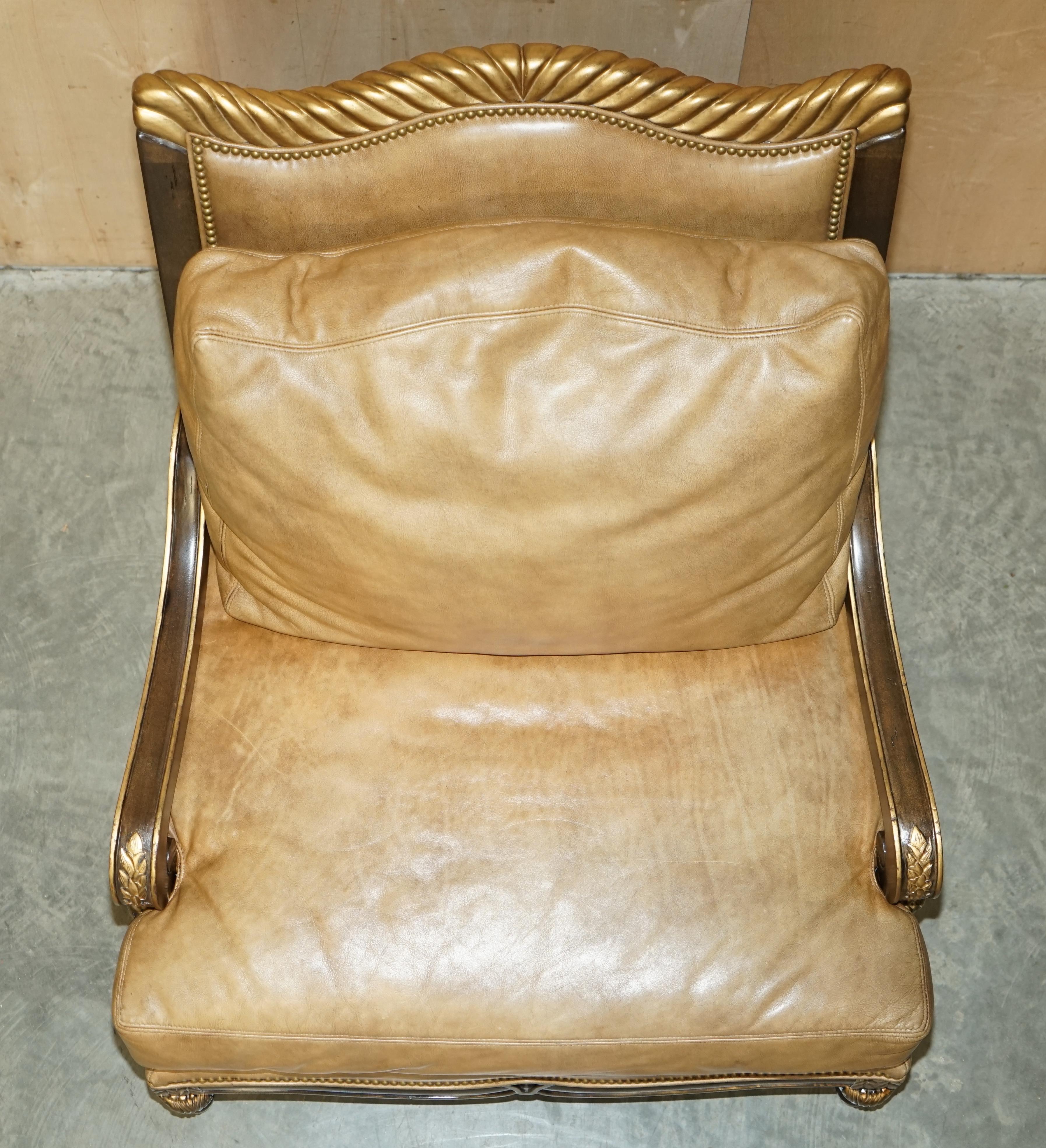 Lovely Huge Vintage Italian Brown Leather Giltwood Throne Armchair & Footstool For Sale 8