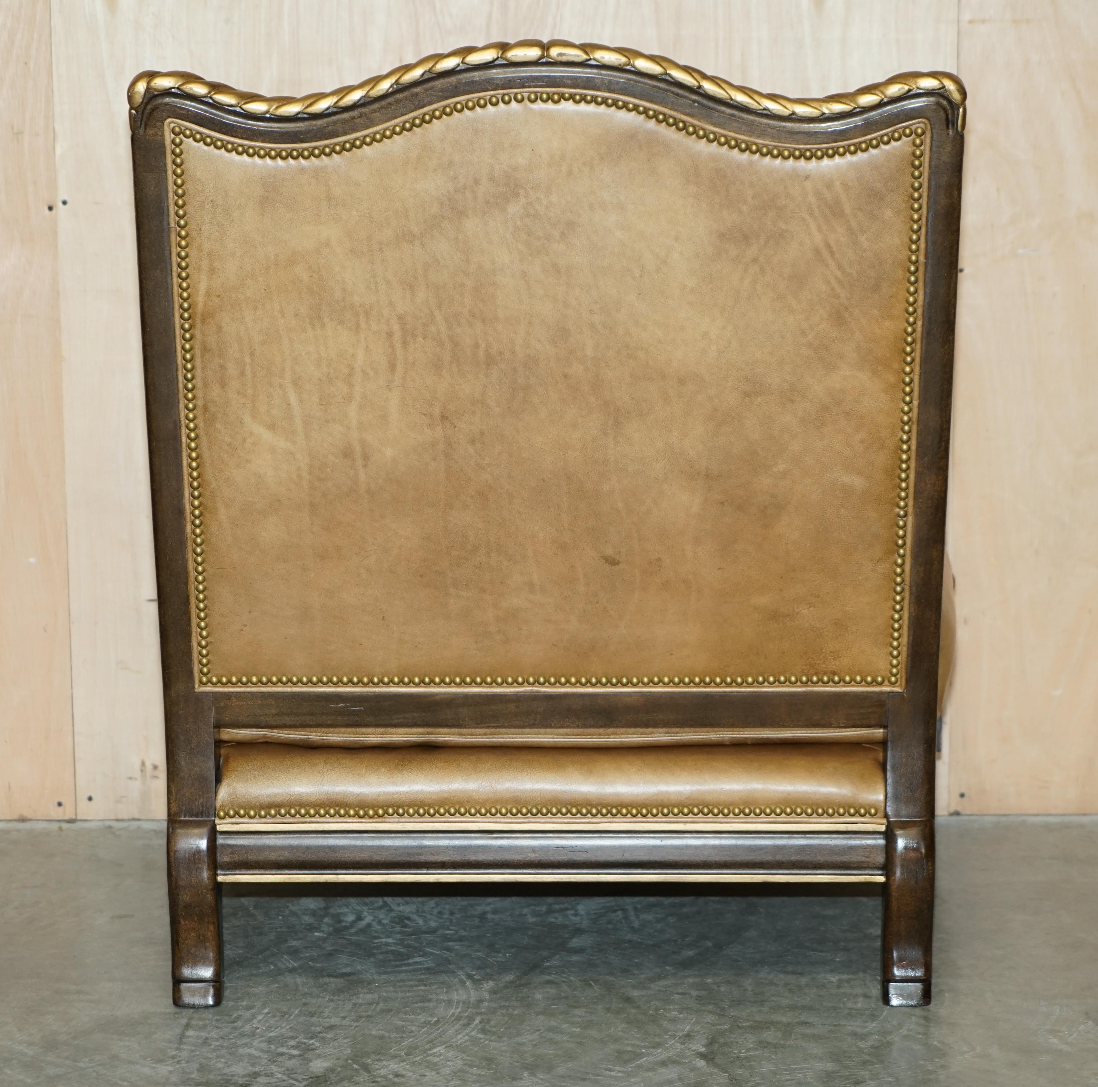 Lovely Huge Vintage Italian Brown Leather Giltwood Throne Armchair & Footstool For Sale 11