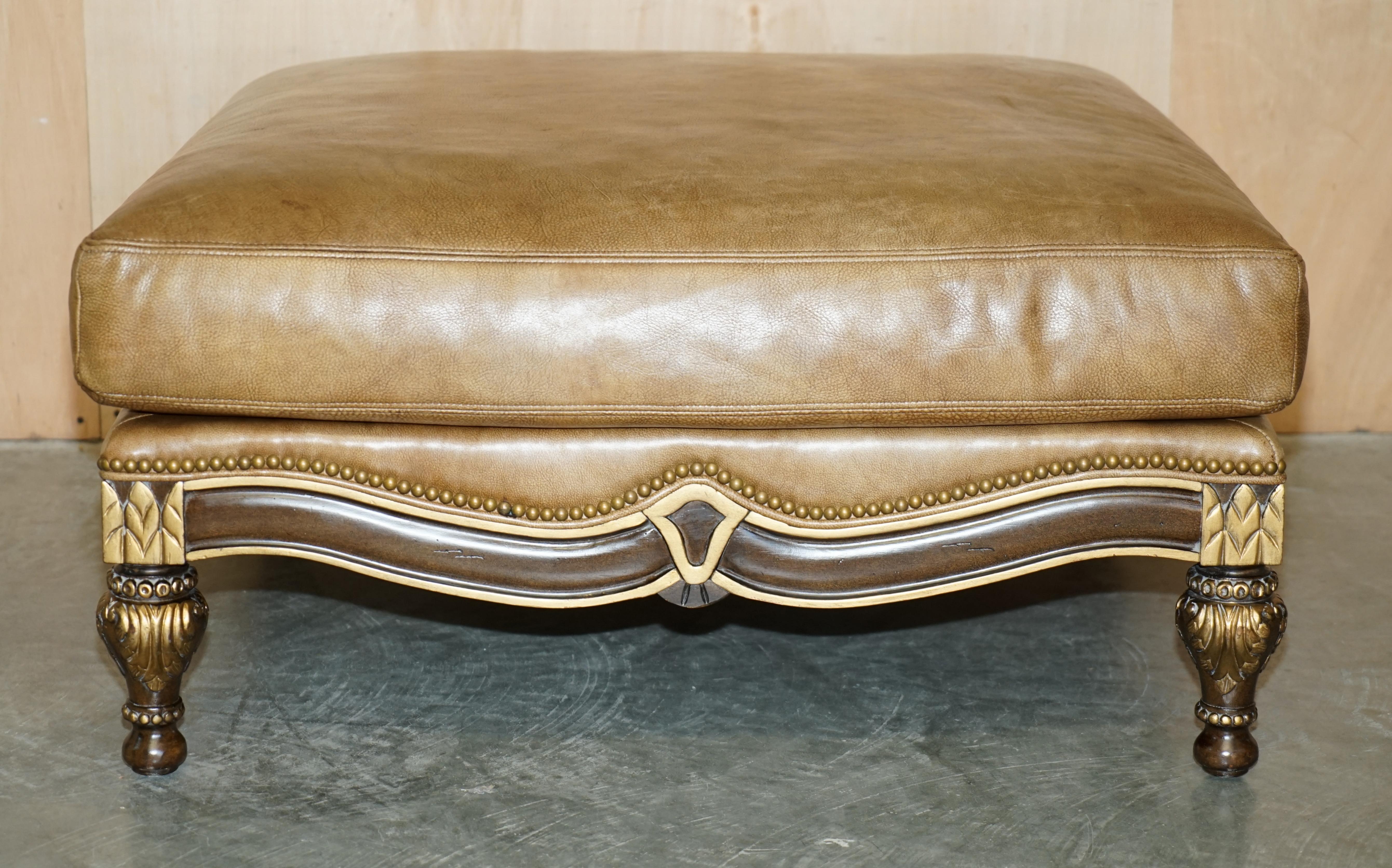 Lovely Huge Vintage Italian Brown Leather Giltwood Throne Armchair & Footstool For Sale 13