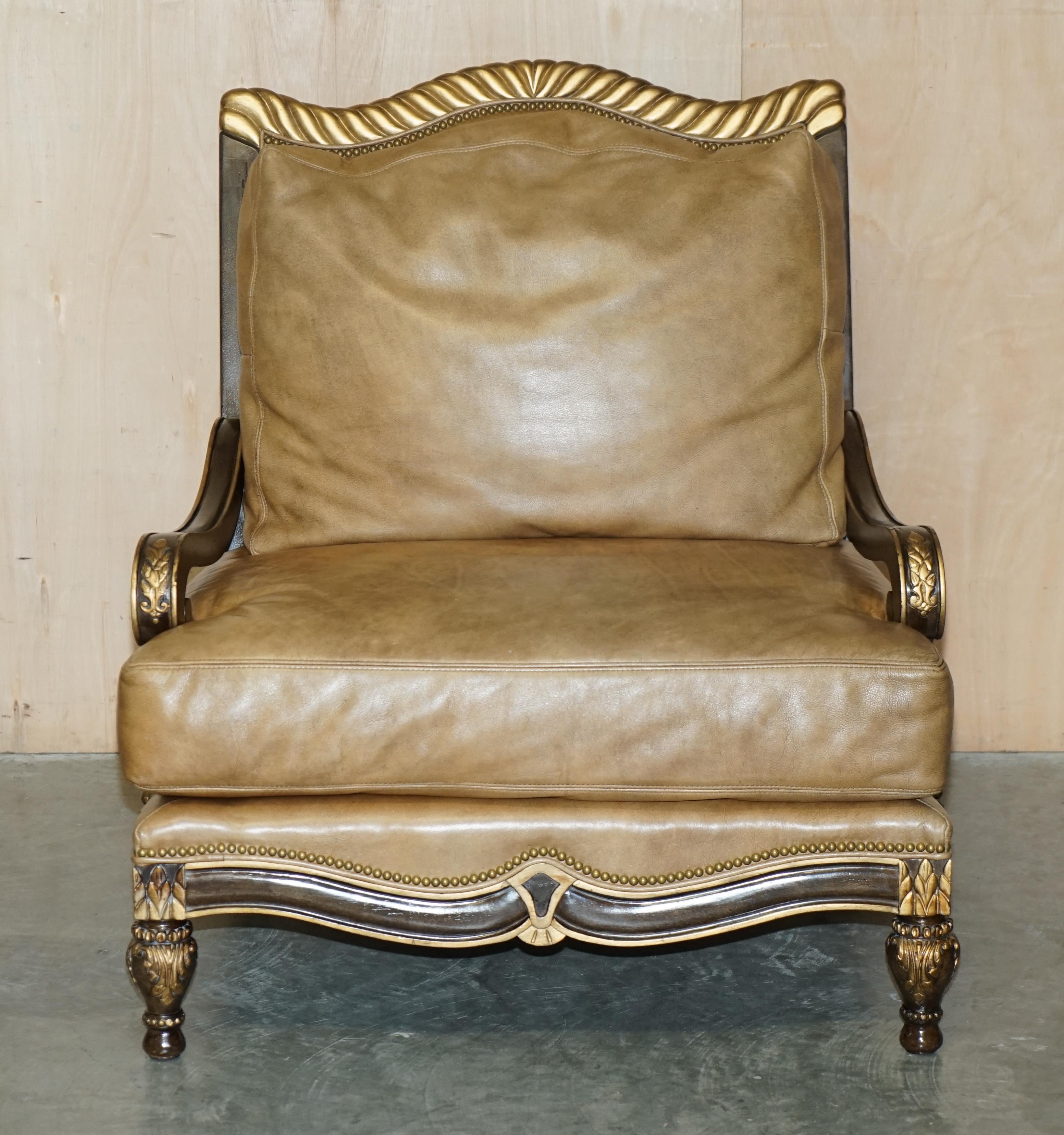 Art Deco Lovely Huge Vintage Italian Brown Leather Giltwood Throne Armchair & Footstool For Sale