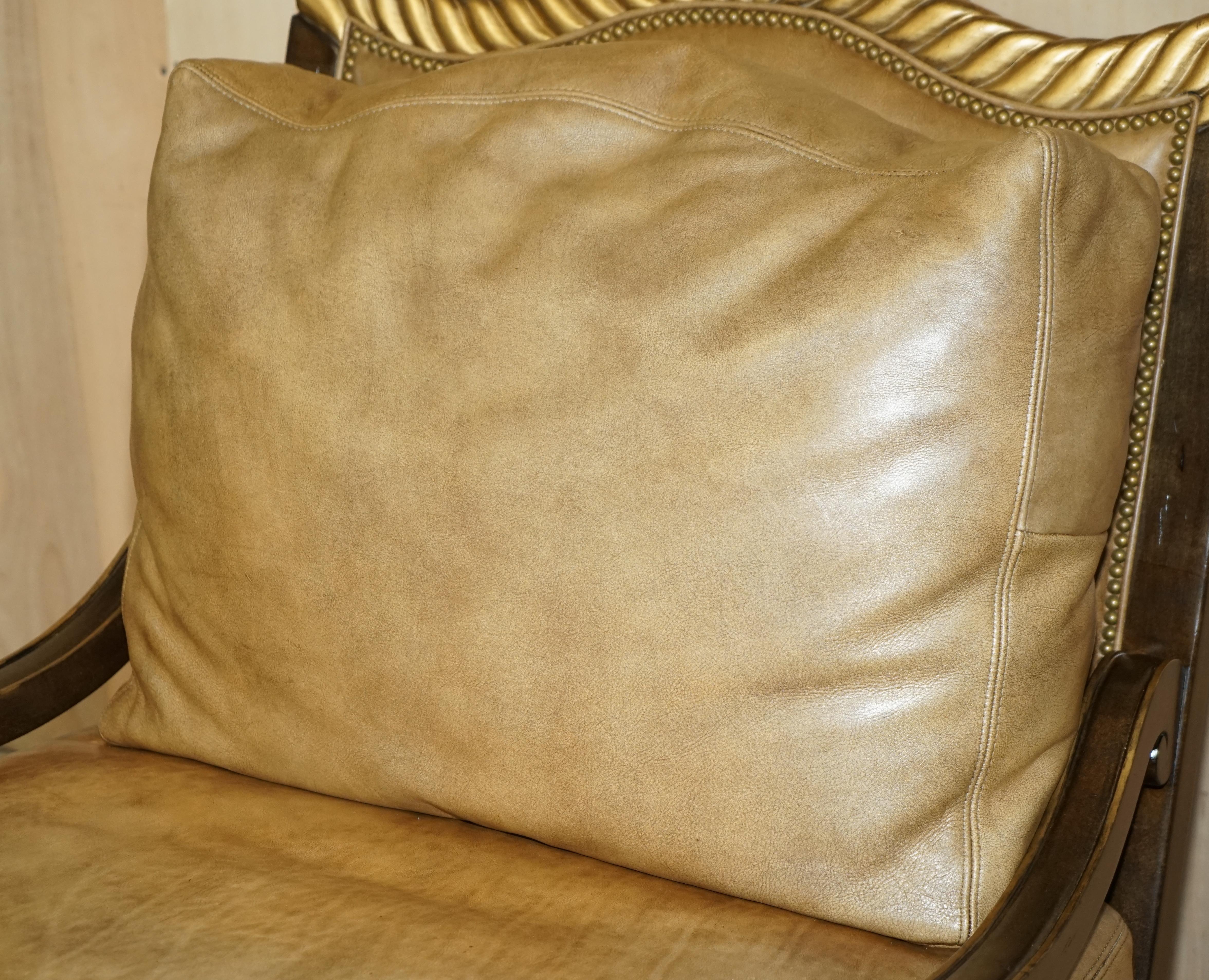 Lovely Huge Vintage Italian Brown Leather Giltwood Throne Armchair & Footstool For Sale 1