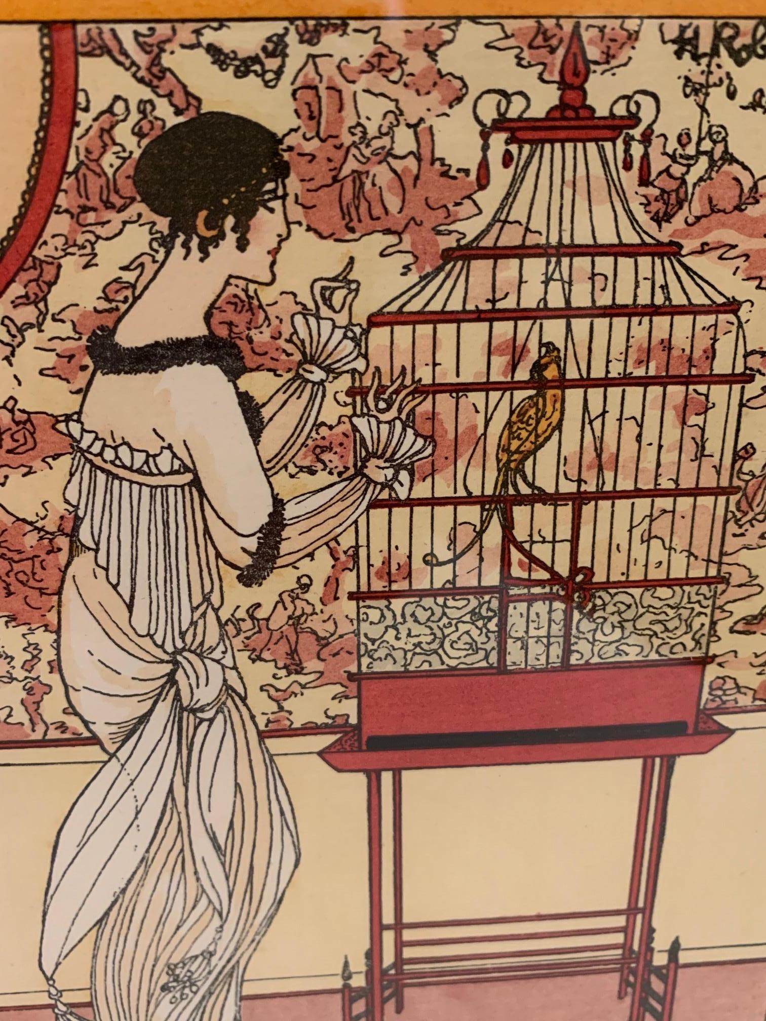 Pretty reproduction illustration from the legendary Paris fashion magazine, Gazette du Bon Ton. The style is art deco having a fashionable lady admiring the bird in a cage with lively patterned wallpaper in the background. Lovely custom