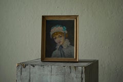 Lovely Interbellum Oil Portrait of a Woman in Flowered Bonnet Belgium 1920s