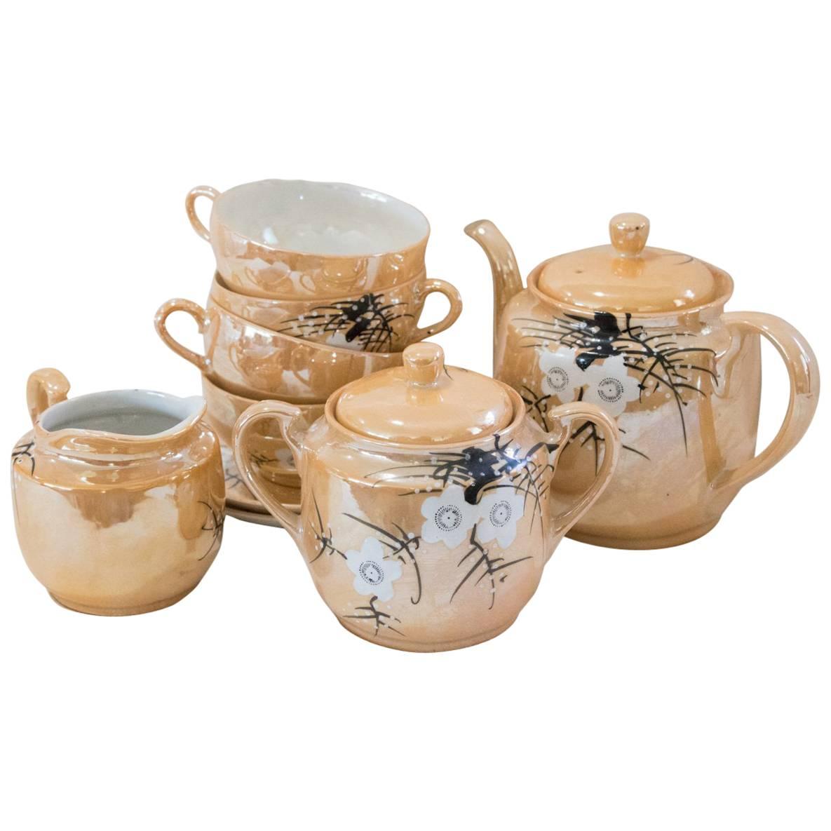 Lovely Iridescent Hand-Painted Japanese Coffee/Tea Set Cherry Blossom Design