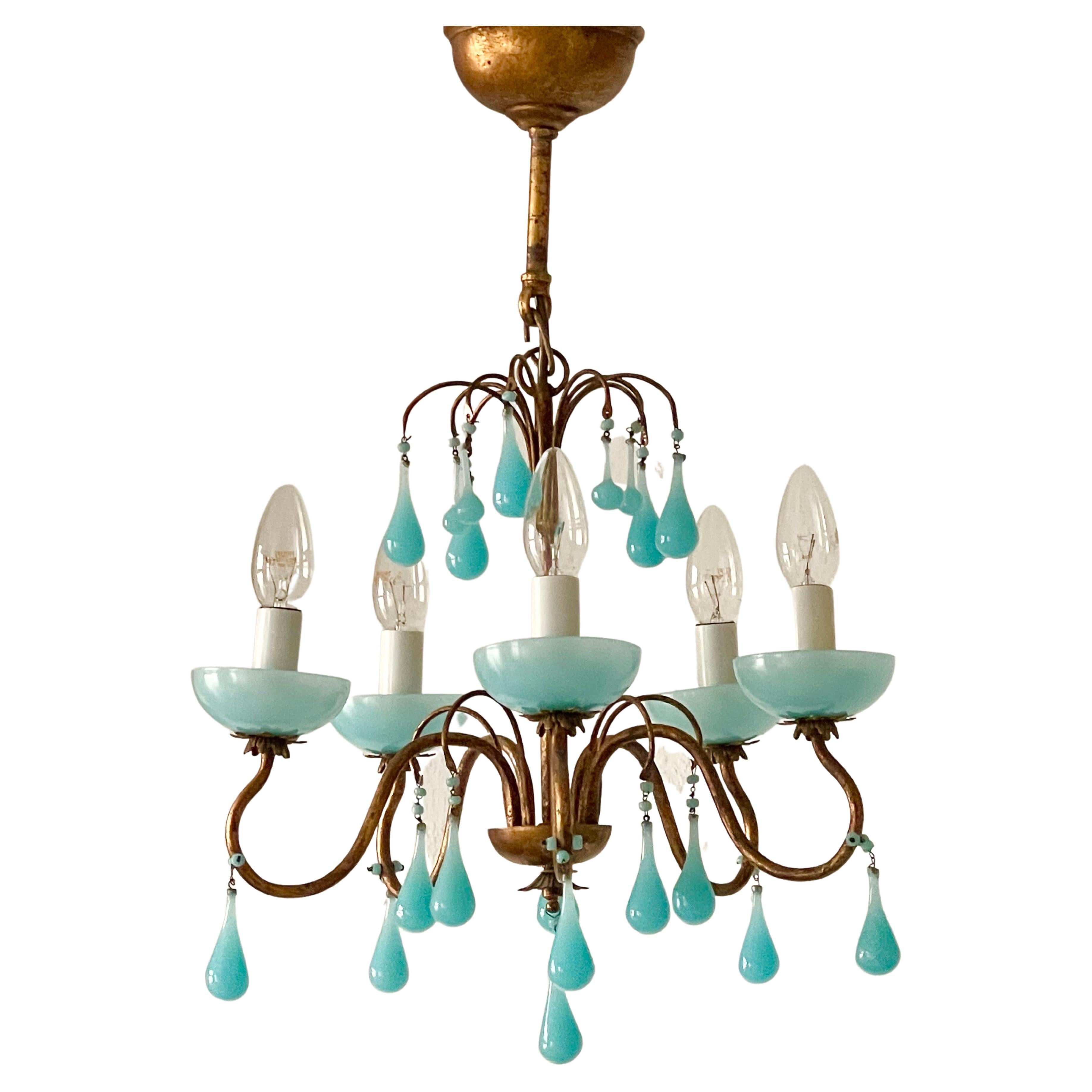 Mid-Century Modern Lovely Italian Aqua Opaline Blue Chandelier, circa 1930s For Sale