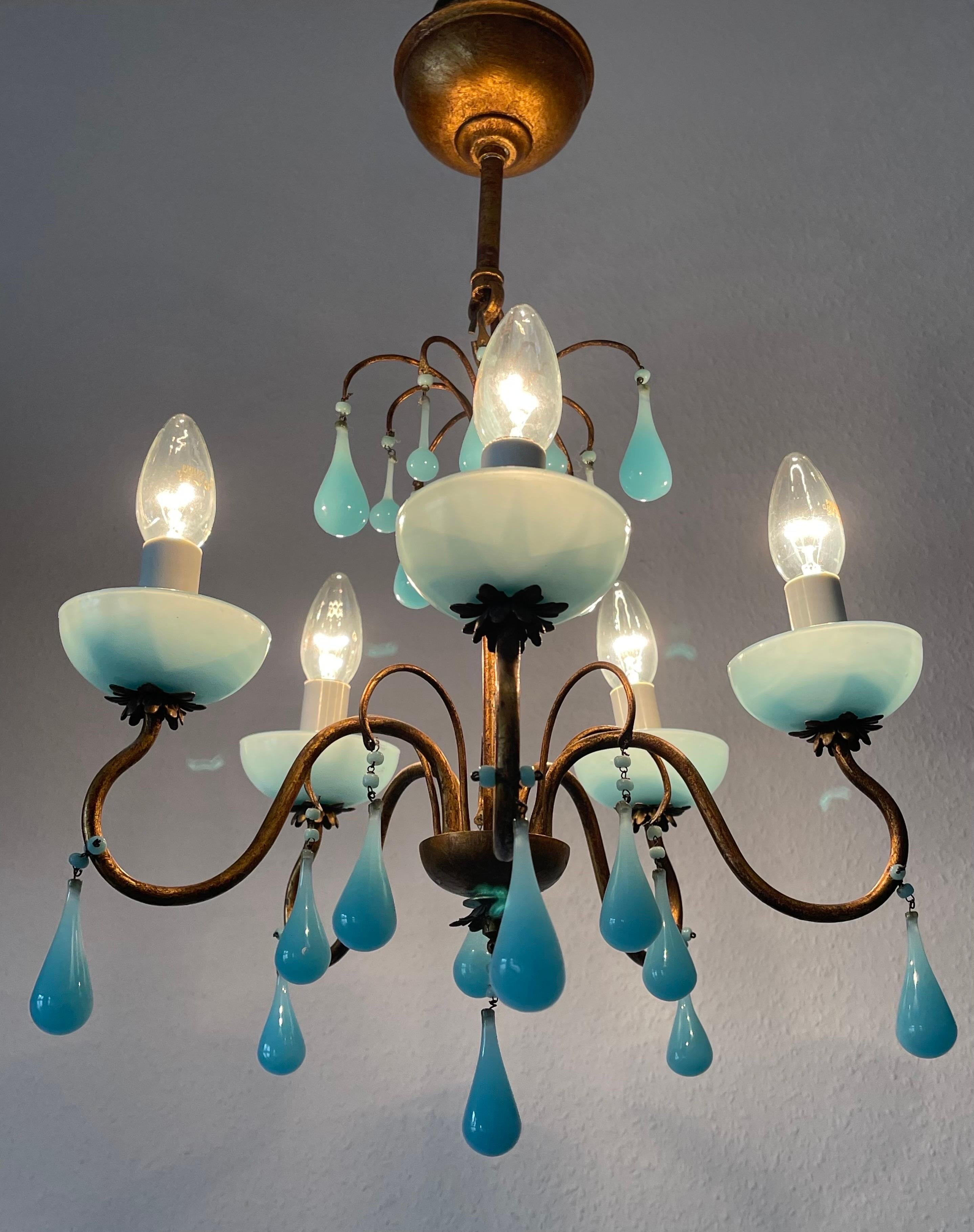 Murano Glass Lovely Italian Aqua Opaline Blue Chandelier, circa 1930s For Sale