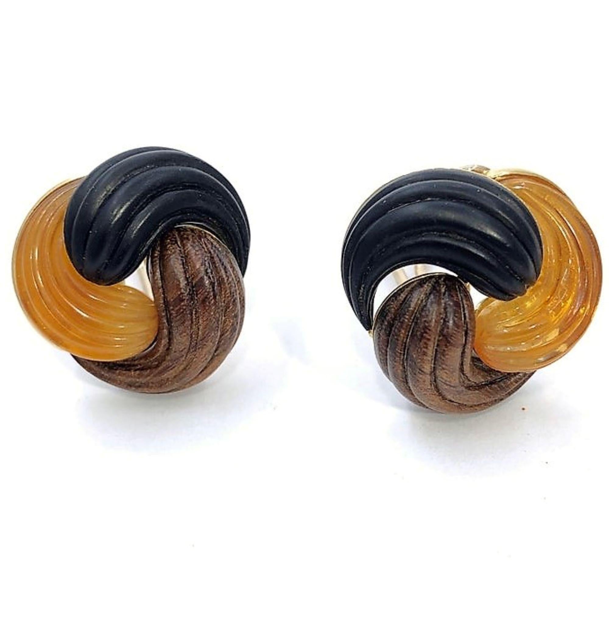 Cabochon Lovely Italian Autumn Colored Fluted Woods, Amber and Gold Knot Style Earrings