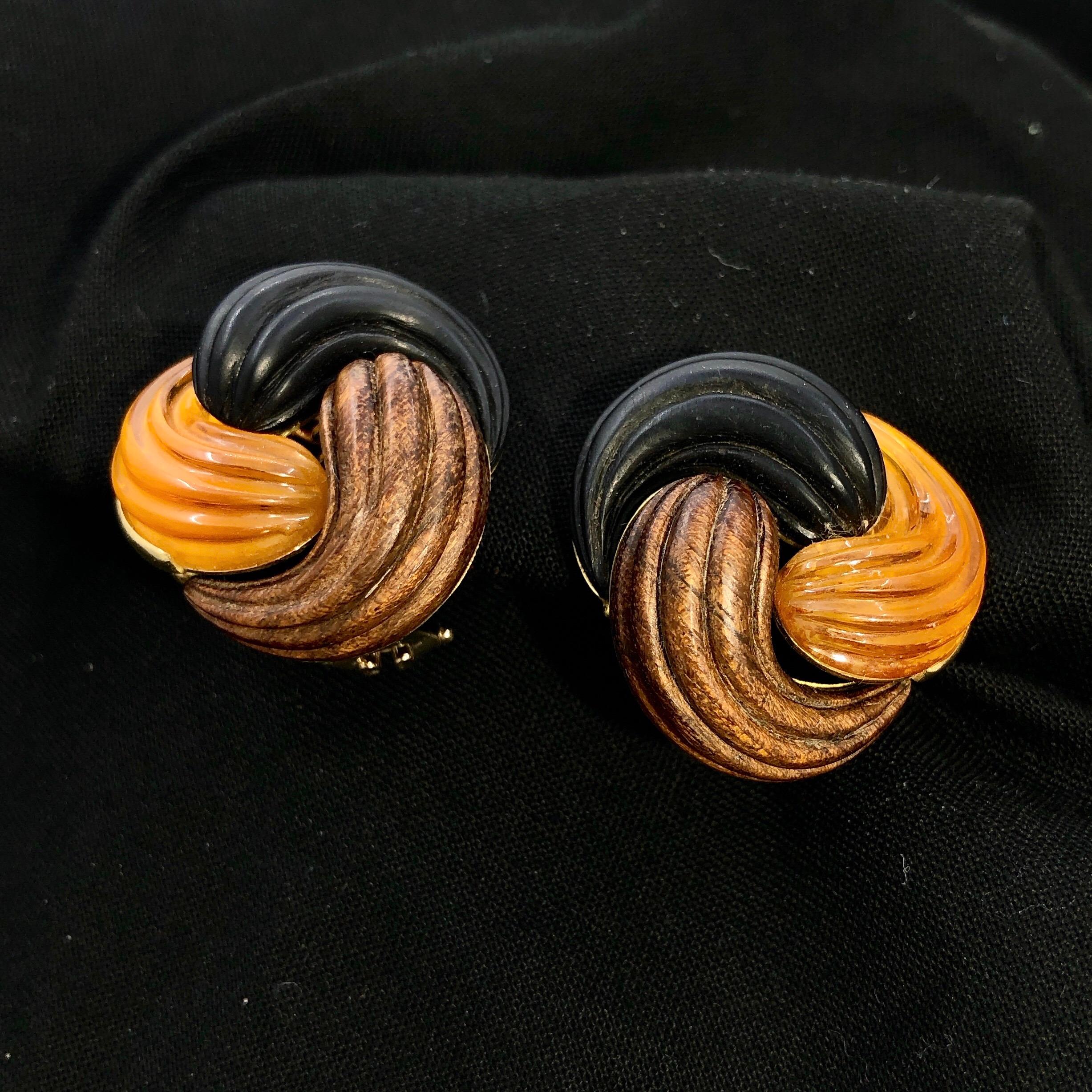 Women's Lovely Italian Autumn Colored Fluted Woods, Amber and Gold Knot Style Earrings
