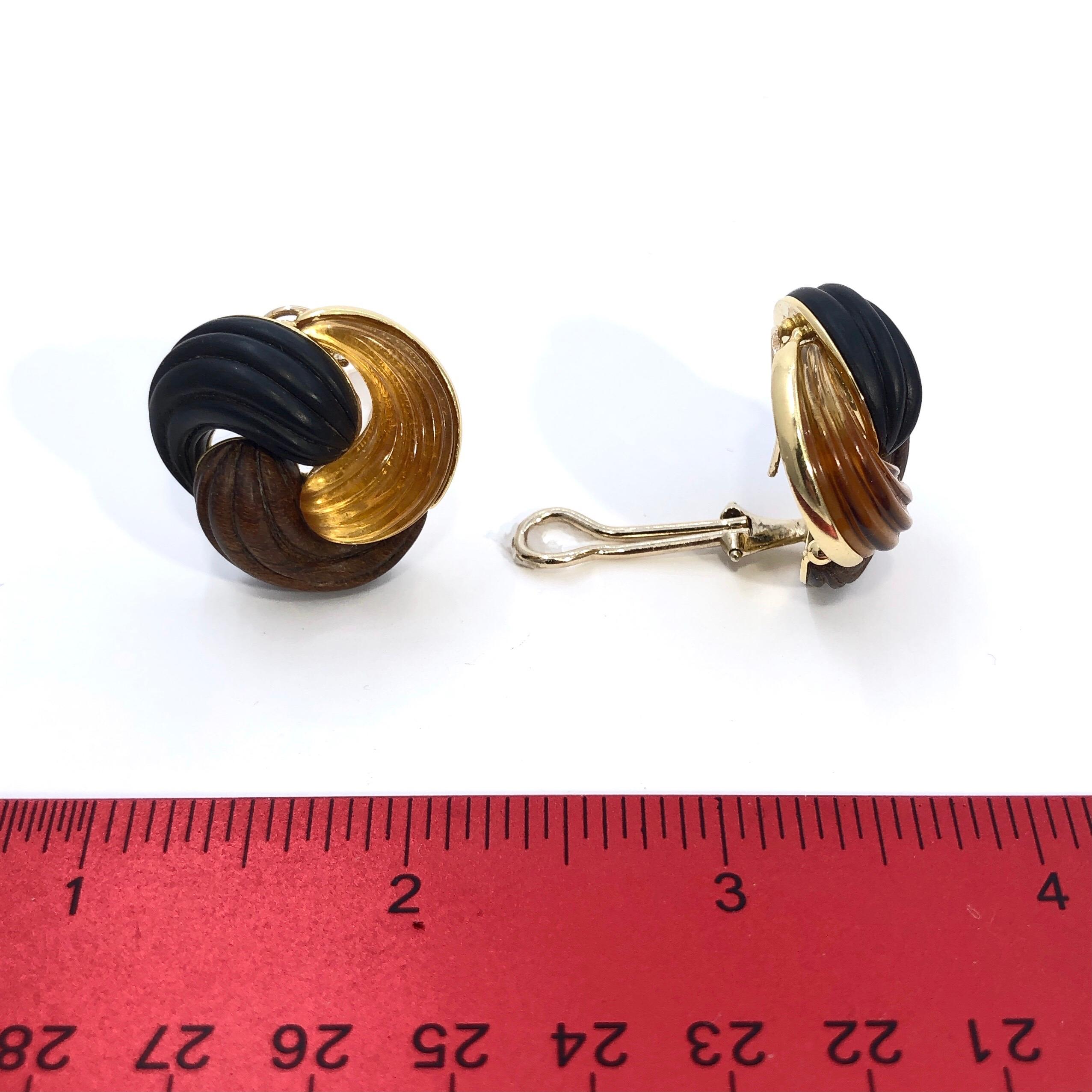Lovely Italian Autumn Colored Fluted Woods, Amber and Gold Knot Style Earrings 1