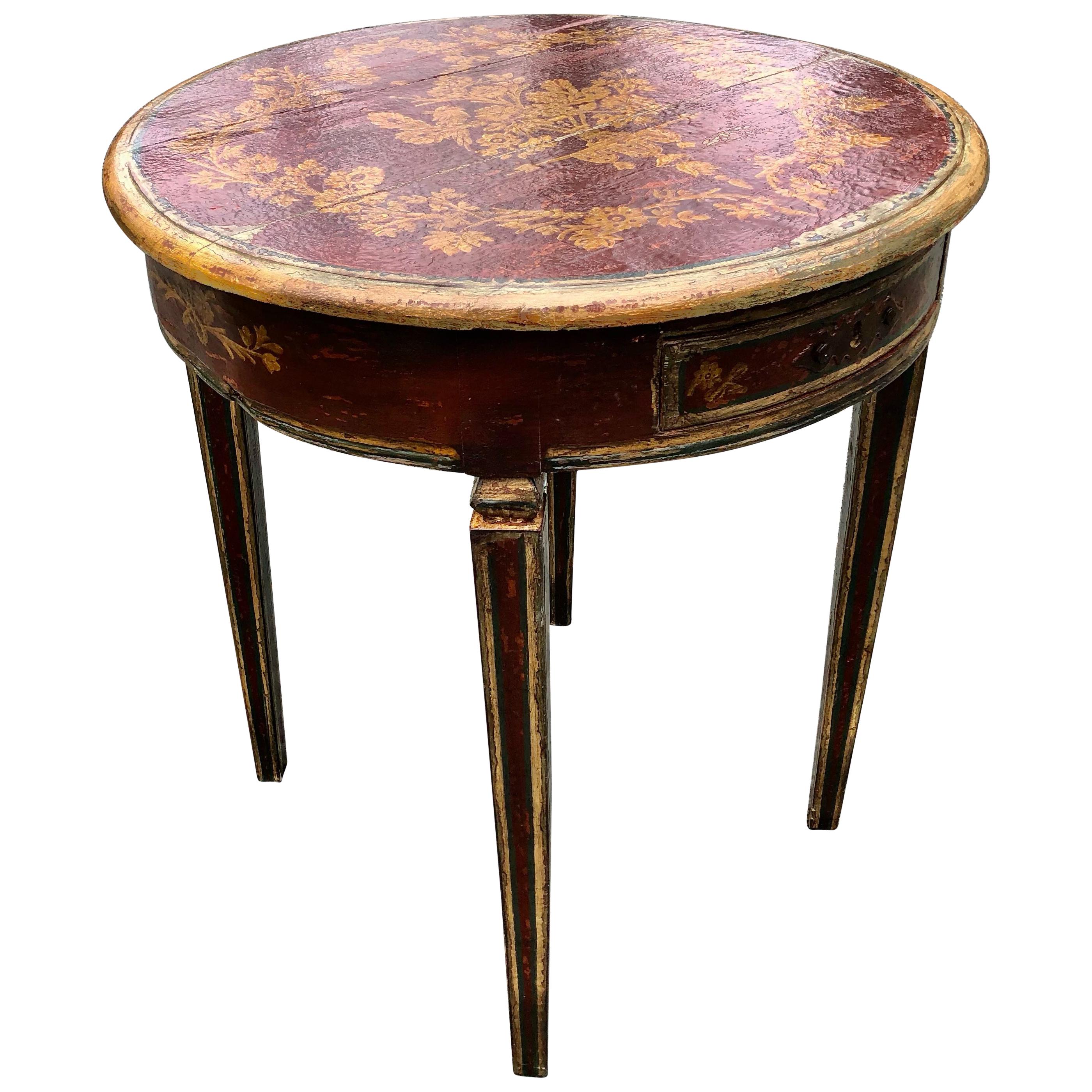 Jolie table d'appoint ronde italienne peinte et vieillie