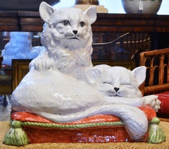 Lovely Italian Glazed Terracotta or Majolica Sculpture of Two Cats on a Pillow