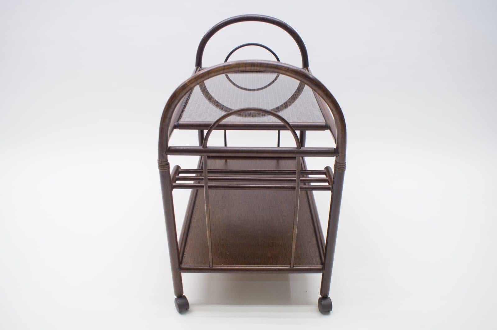 Mid-20th Century Lovely Italian Riviera Bamboo and Rattan Bar Cart Serving Trolley, 1960s For Sale