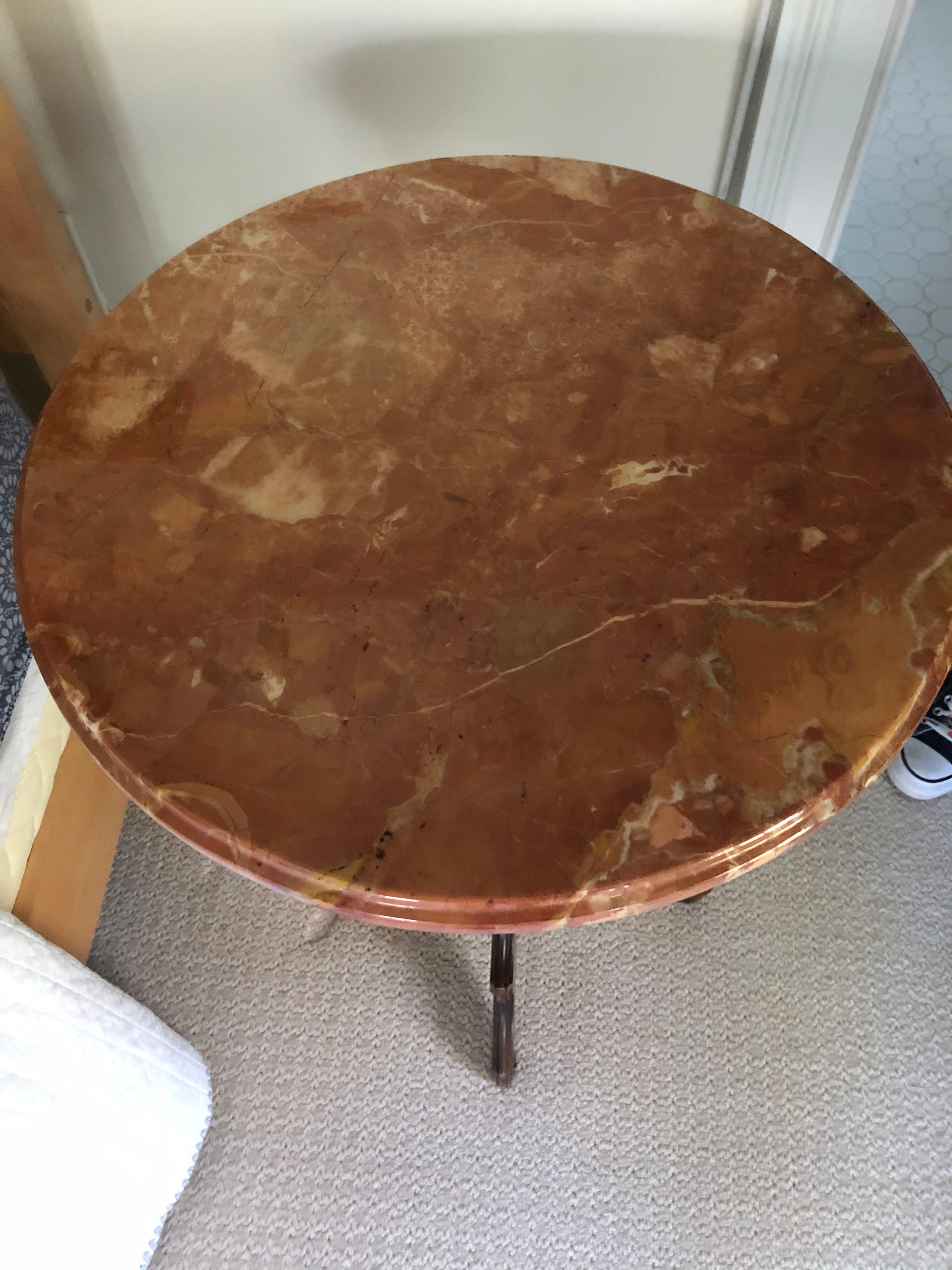 Vintage round Italian side table having mahogany tripod base with central finial and lovely bevelled rouge marble top.