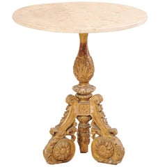 Lovely Italian Sunflower Motif Carved Giltwood Table with Round Travertine Top
