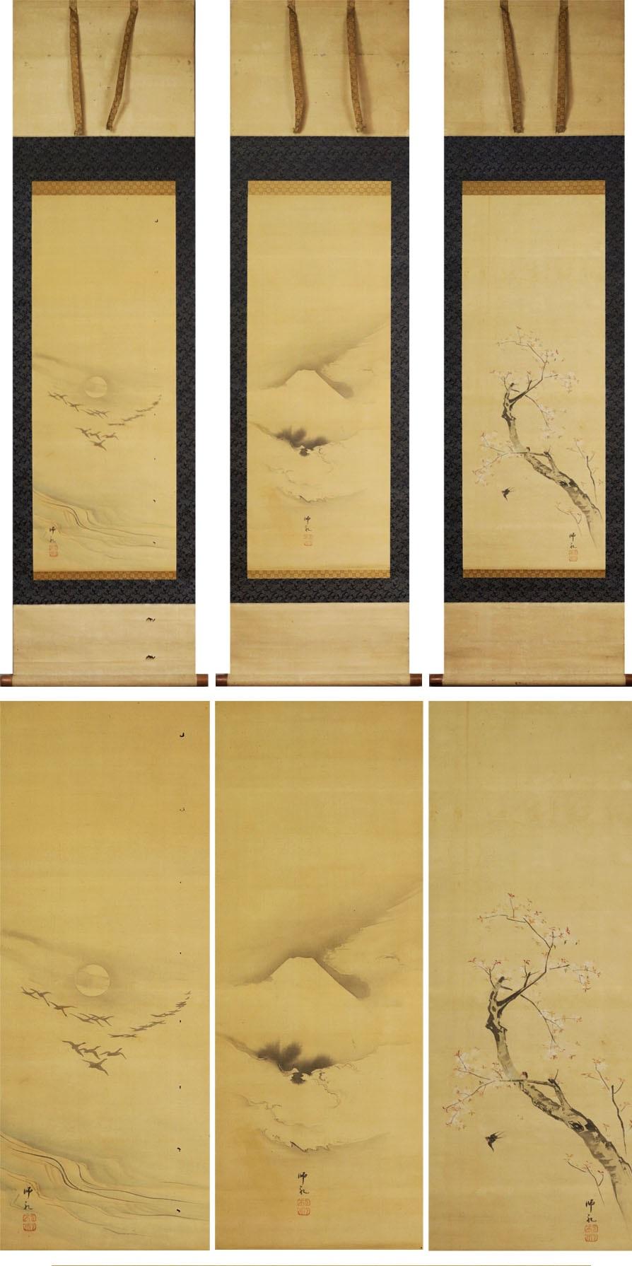 Lovely Japanese 18/19th c Edo Scroll Triptyque , Fuji, Dragon Flowers  In Good Condition For Sale In Amsterdam, Noord Holland