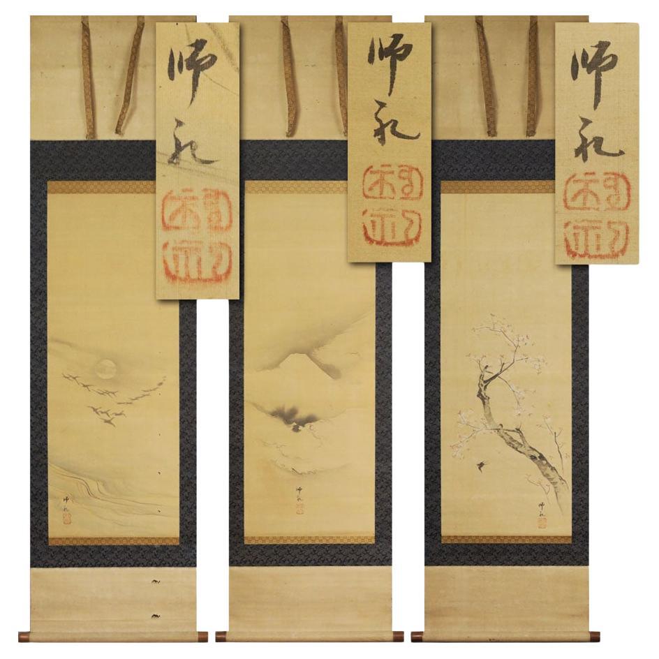 Lovely Japanese 18/19th c Edo Scroll Triptyque , Fuji, Dragon Flowers  For Sale