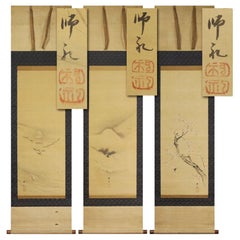 Lovely Japanese 18/19th c Edo Scroll Triptyque , Fuji, Dragon Flowers 