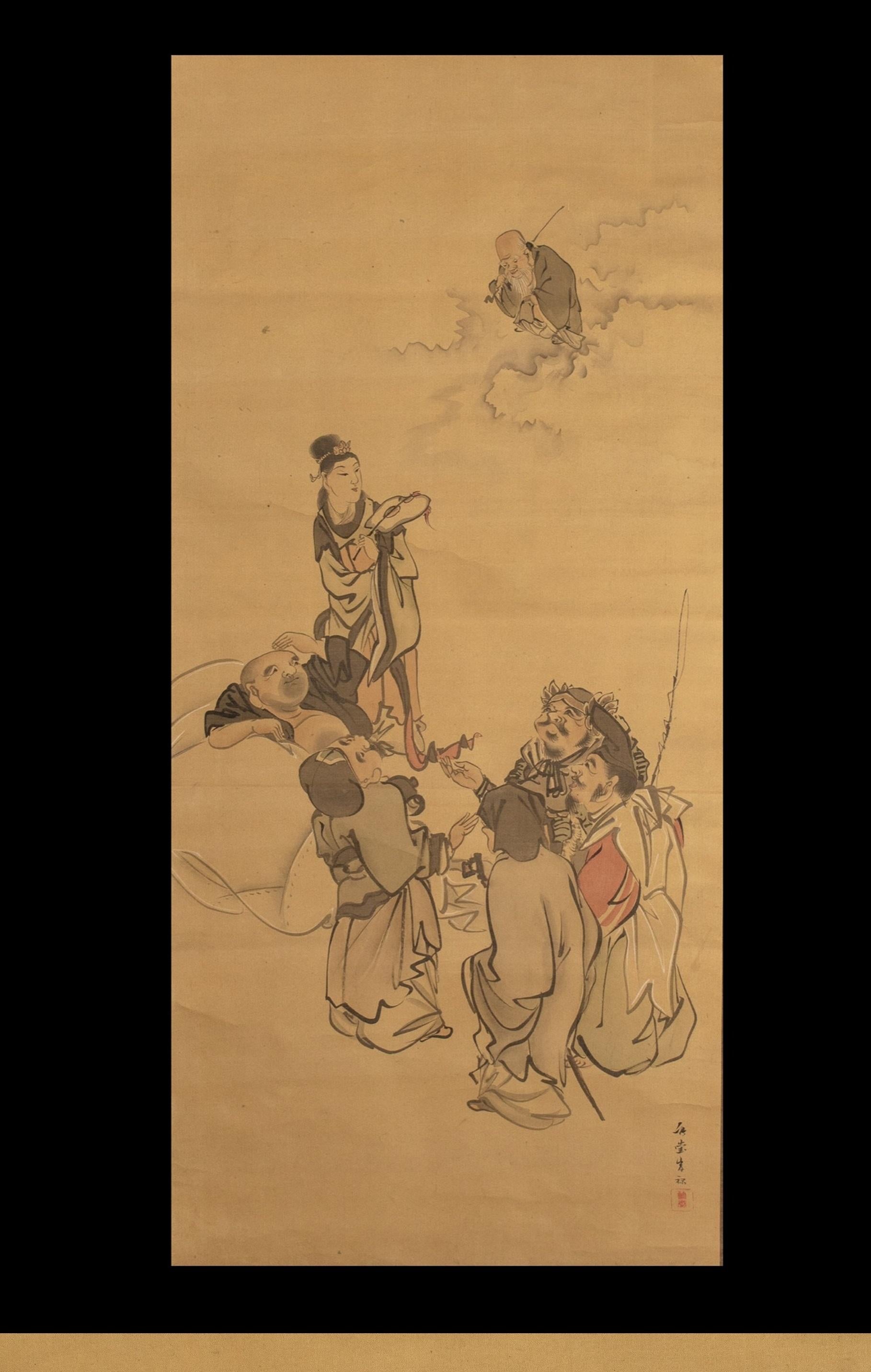 Bronze Lovely Japanese 18th-19th Century Edo or Meiji Scroll Painting Seven Lucky God For Sale