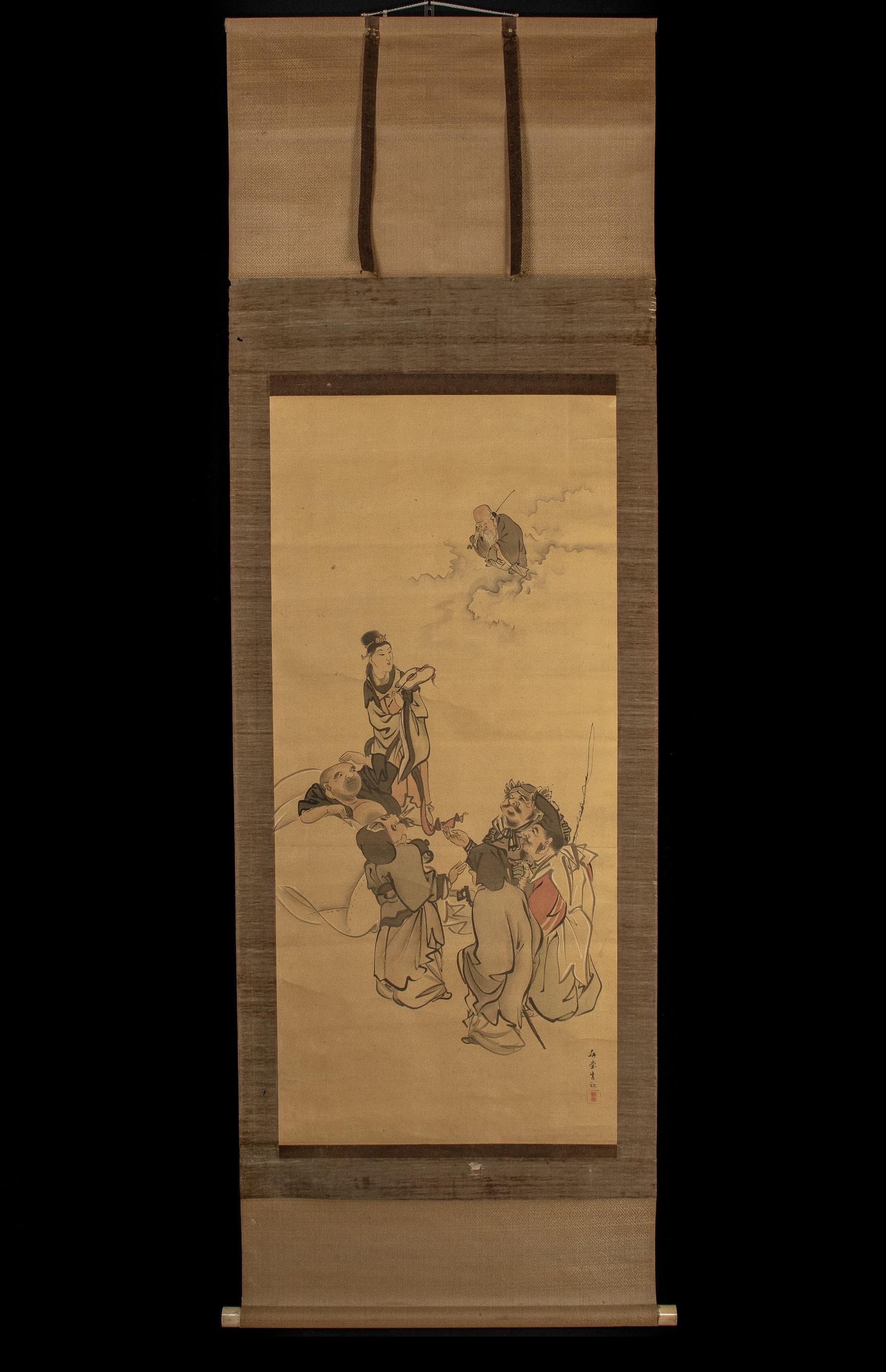 Lovely Japanese 18th-19th Century Edo or Meiji Scroll Painting Seven Lucky God For Sale 1