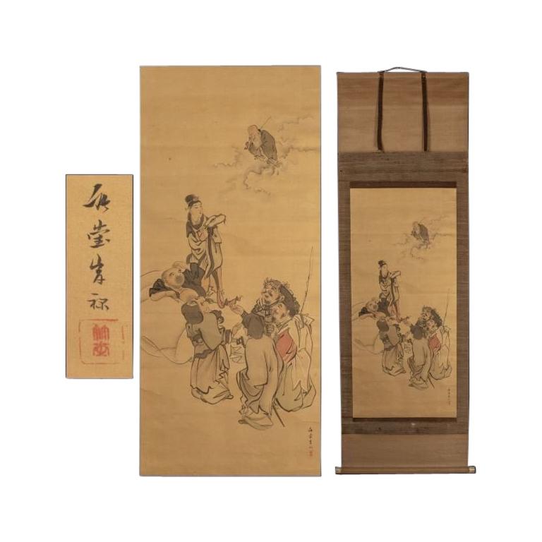 Ravissante peinture japonaise du 18ème siècle (Edo ou Meiji) en forme de rouleau : "Seven Lucky God"