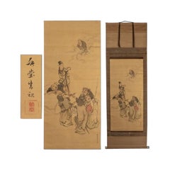 Grazioso rotolo giapponese del XVIII-XIX secolo, dipinto in stile Edo o Meiji, raffigurante Sette Dio Fortunato