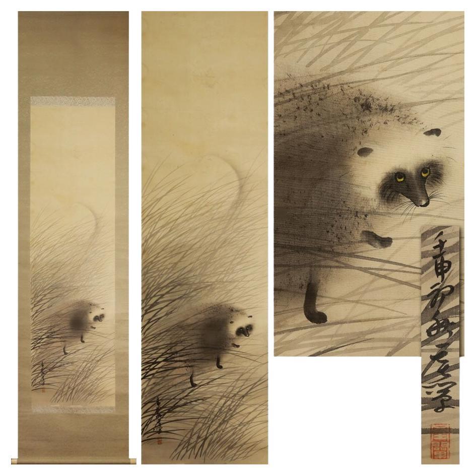 Jolie volute japonaise du 19/20e siècle par un bon artiste, raton laveur dans un paysage de gazon