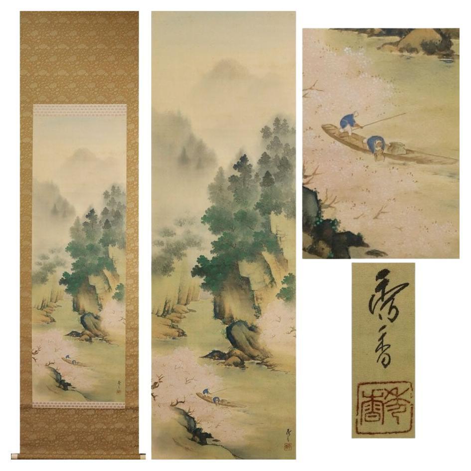 Grazioso rotolo giapponese del 19/20° secolo di Nihonga Paesaggio d'autunno