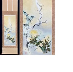 Lovely Japanese 20th c Scroll by a good Artist, Flowers Plum, Bamboo