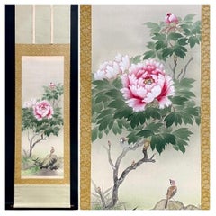 Lovely Japanese 20th c Scroll by Ryuji Shinba, Flowers and Bird. Lovley quality