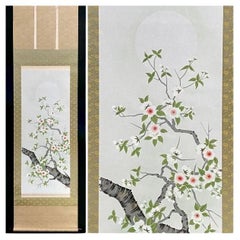 Vintage Lovely Japanese 20th c Scroll Cherry Blossoms in the Moon