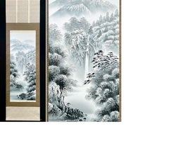 Lovely Japanese 20th c Scroll Nihonga LAndscape RIver and Waterfall Fisherman