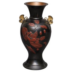 Lovely Japanese Bronze Vase with Red Lacquered Peony Flowers