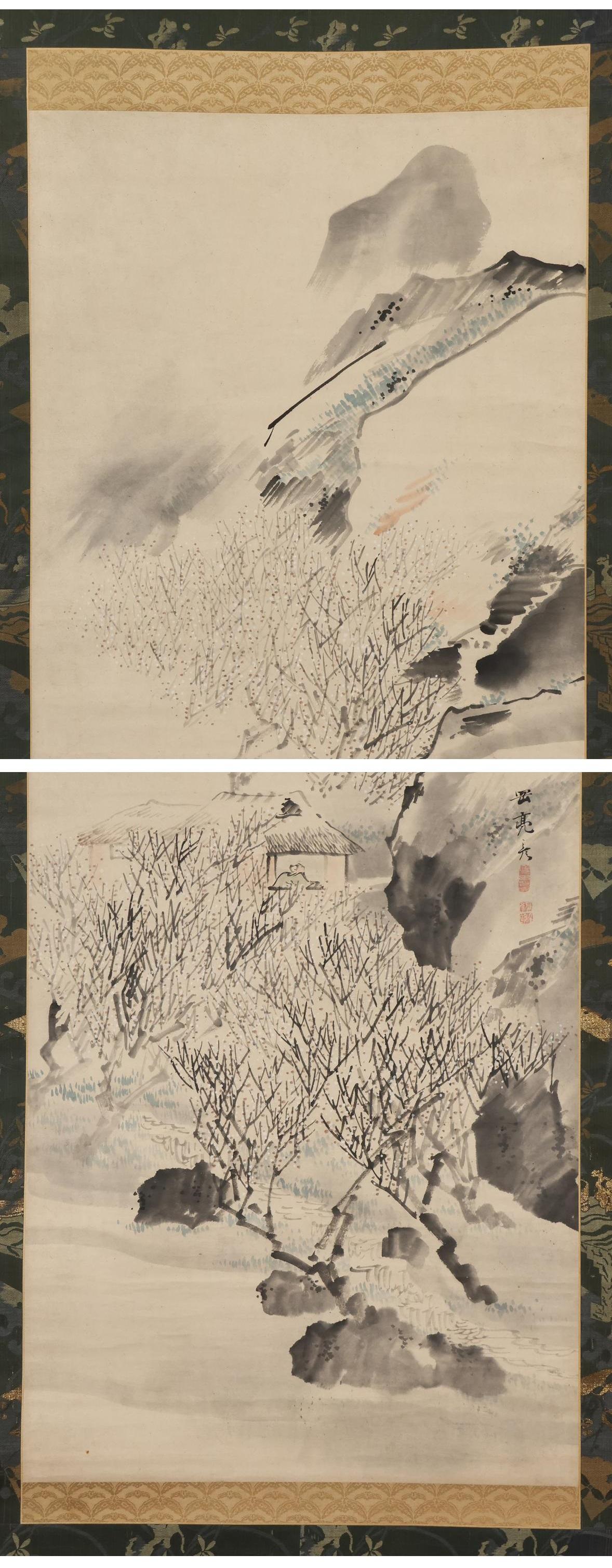 Silk Lovely Japanese Nihonga 19th c Edo Scroll by Okamoto Sukehiko , Winter Hermit For Sale