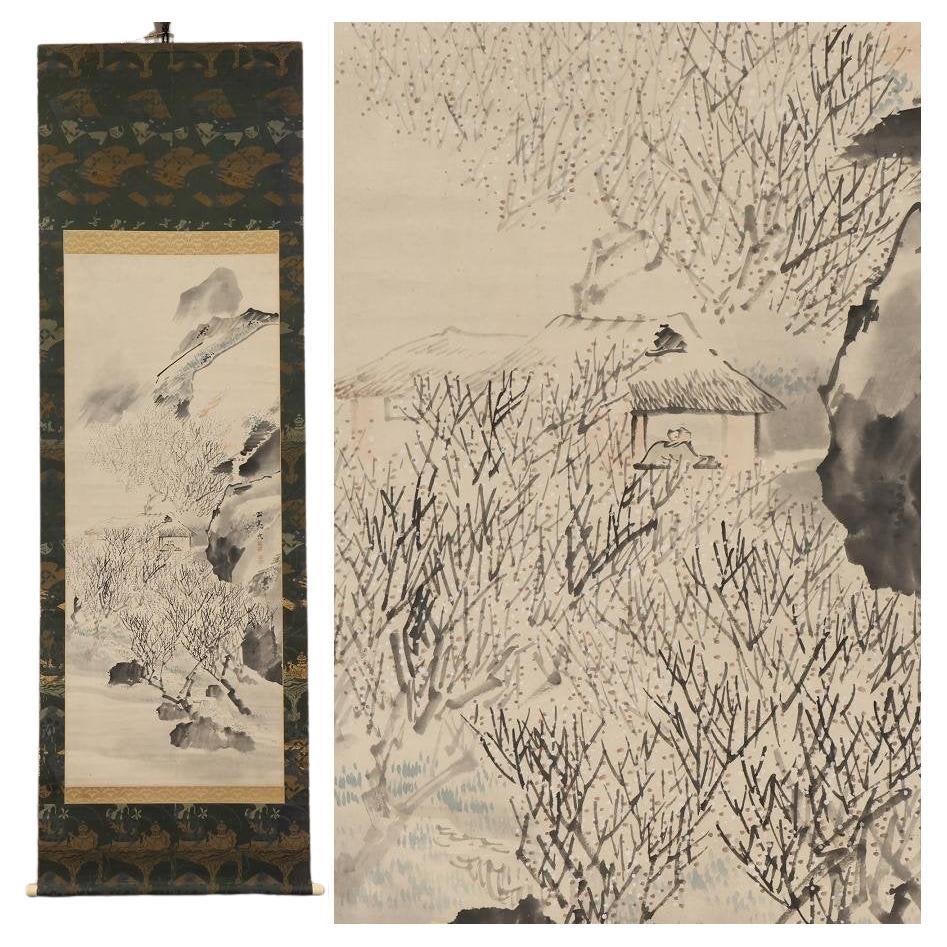 Lovely Japanese Nihonga 19th c Edo Scroll by Okamoto Sukehiko , Winter Hermit For Sale